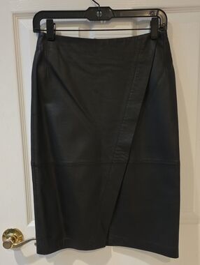 Just Female Dark Chocolate Genuine Leather Pencil Skirt with Wrap Detail